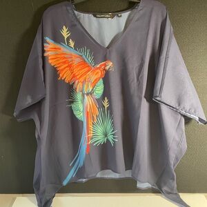 Colleen Lopez Navy, Multicolor Parrot Design Top Large.